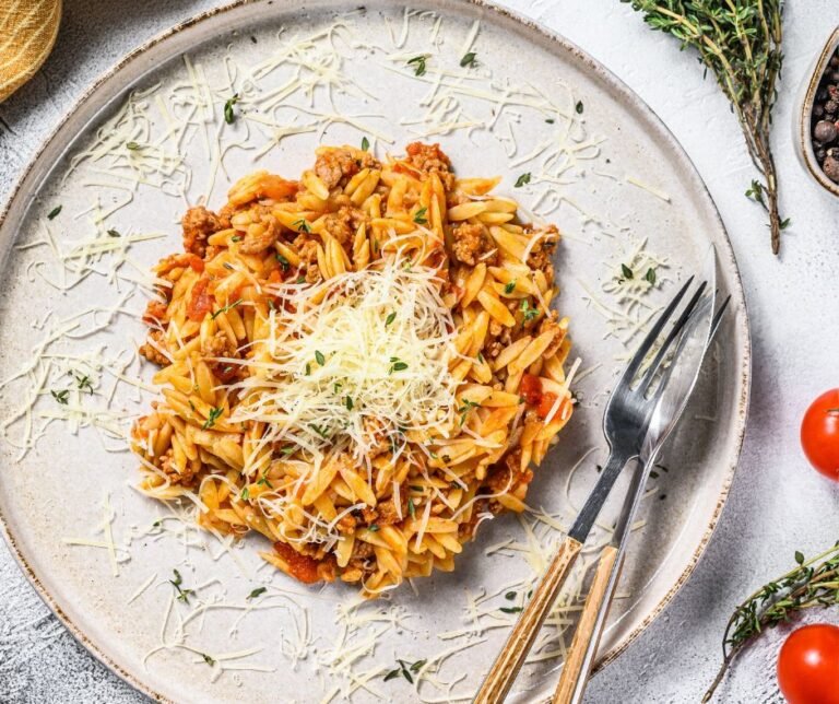 Ground Beef Orzo Pasta with Bolognese Sauce