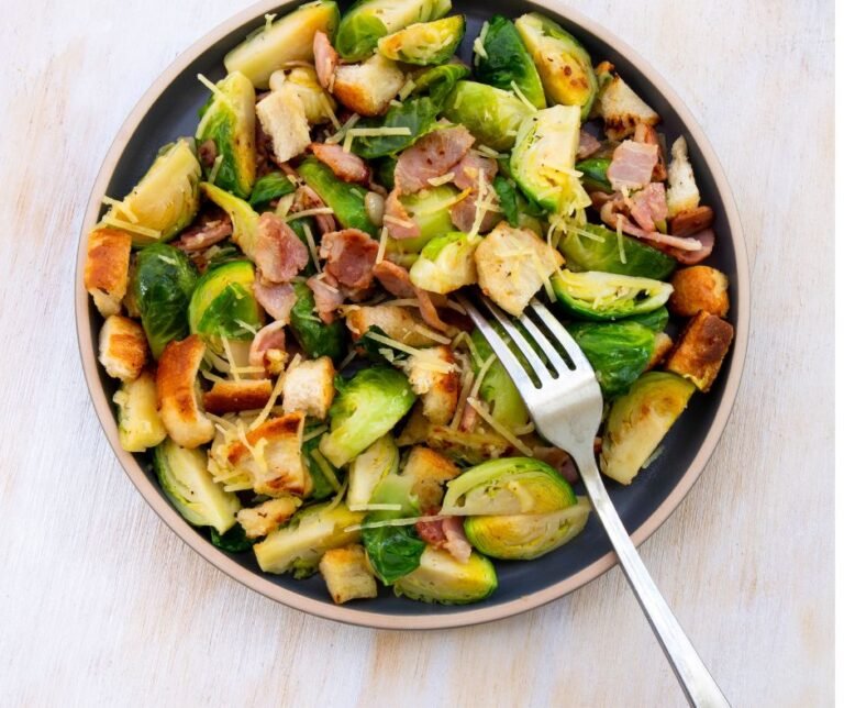 Oven Roasted Brussels Sprouts with Bacon and Croutons