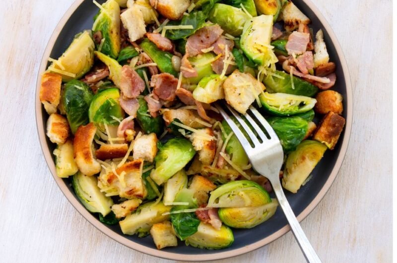 Roasted Brussels Sprouts with Bacon and Croutons