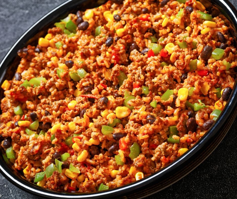 Mexican Ground Beef Casserole with Rice, Beans, Corn, Bell Pepper and Tomatoes