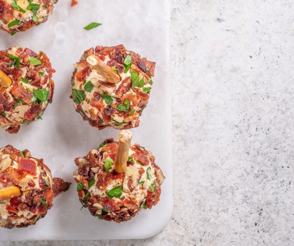 Individual Christmas Cheese Ball Appetizers on Pretzel Sticks