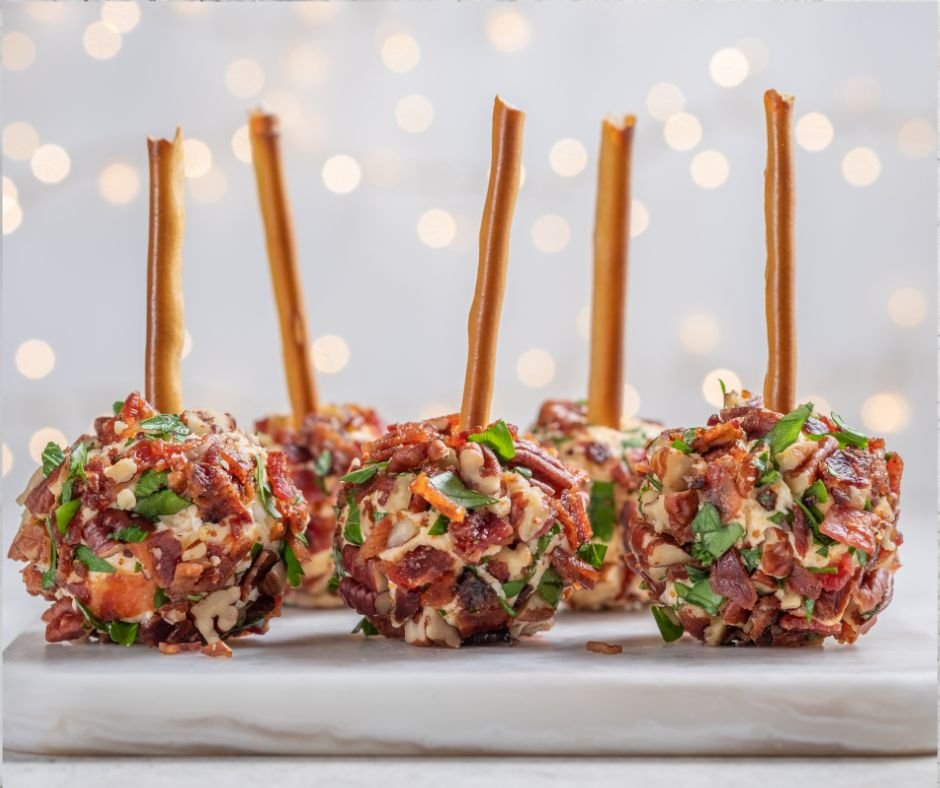 Individual Christmas Cheese Ball Appetizers on Pretzel Sticks