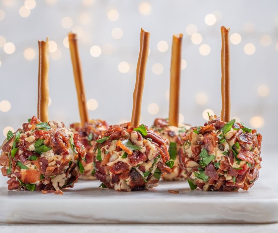 Individual Christmas Cheese Ball Appetizers on Pretzel Sticks