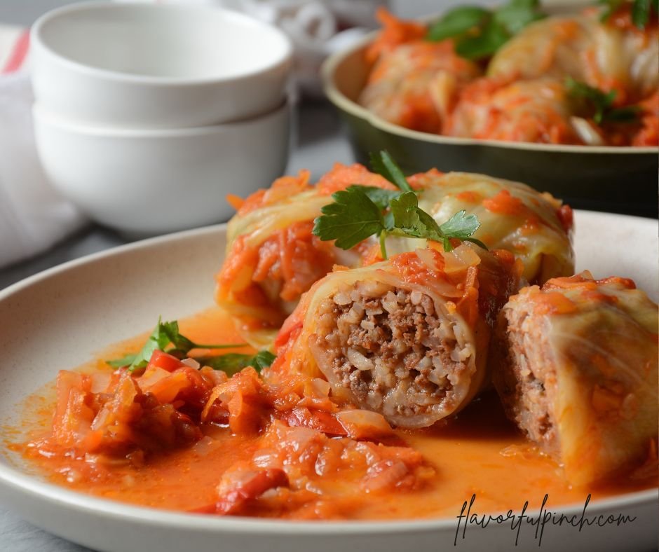 Stuffed Cabbage Rolls with Rice and Ground Beef in Tomato Sauce