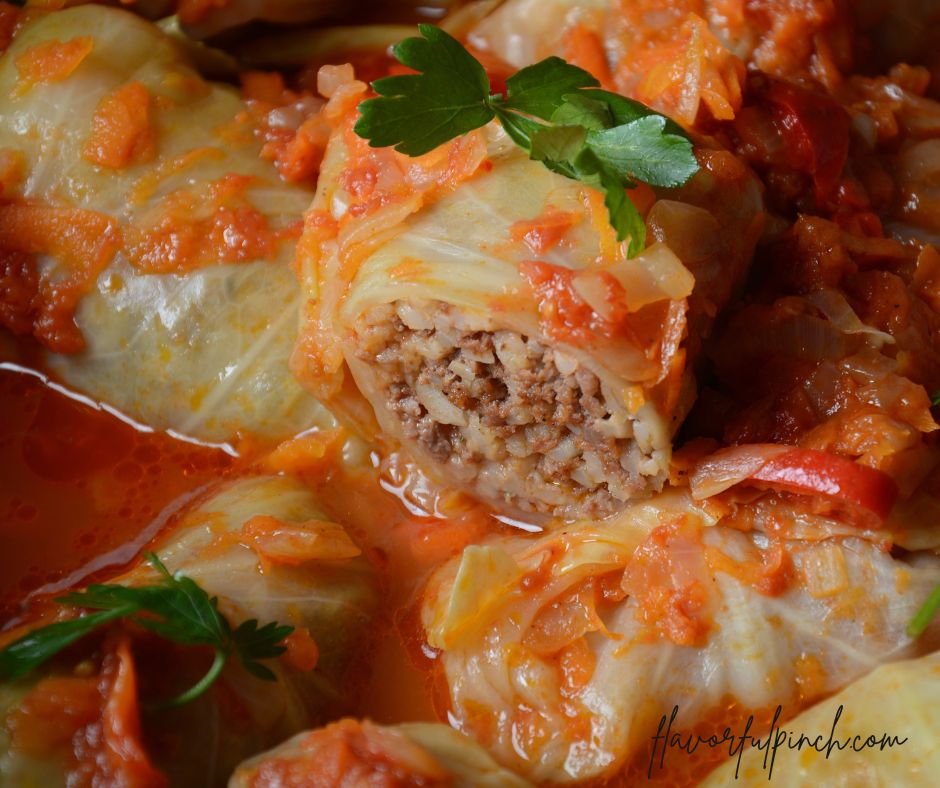Stuffed Cabbage Rolls with Rice and Ground Beef in Tomato Sauce