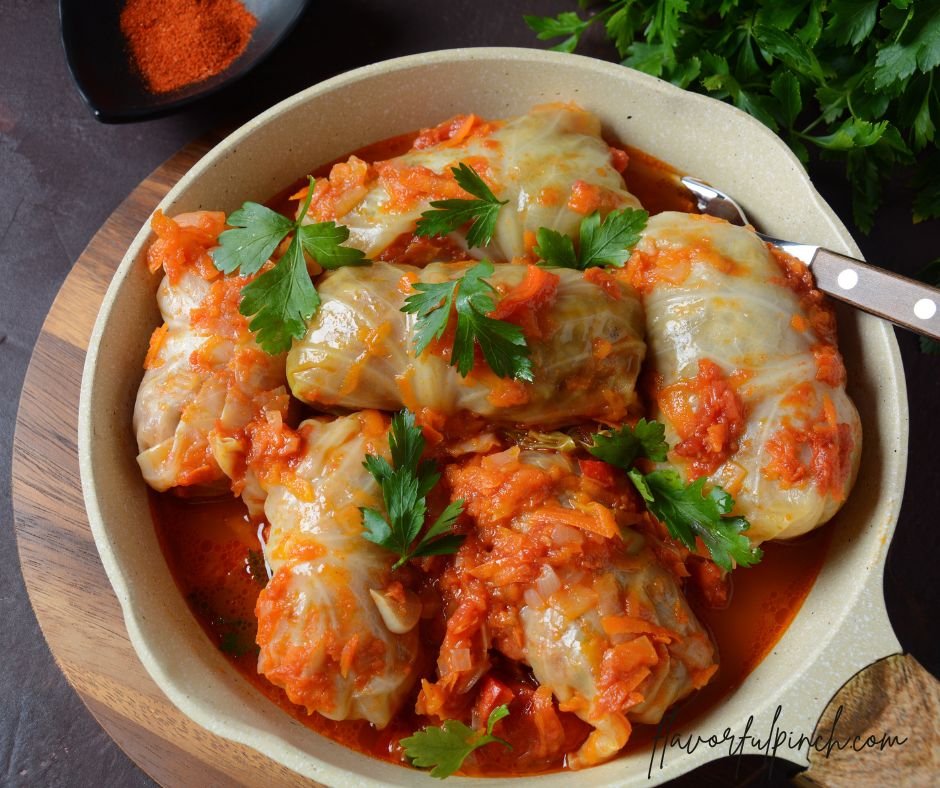 Stuffed Cabbage Rolls with Rice and Ground Beef in Tomato Sauce