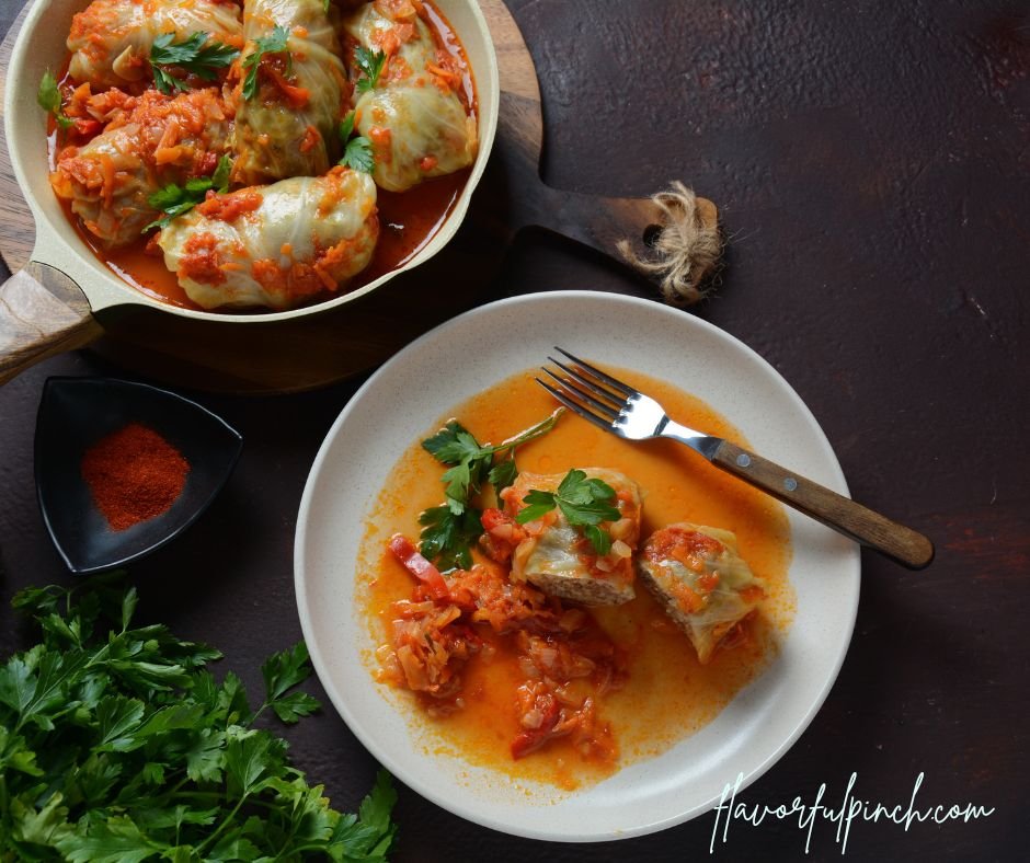 Stuffed Cabbage Rolls with Rice and Ground Beef in Tomato Sauce