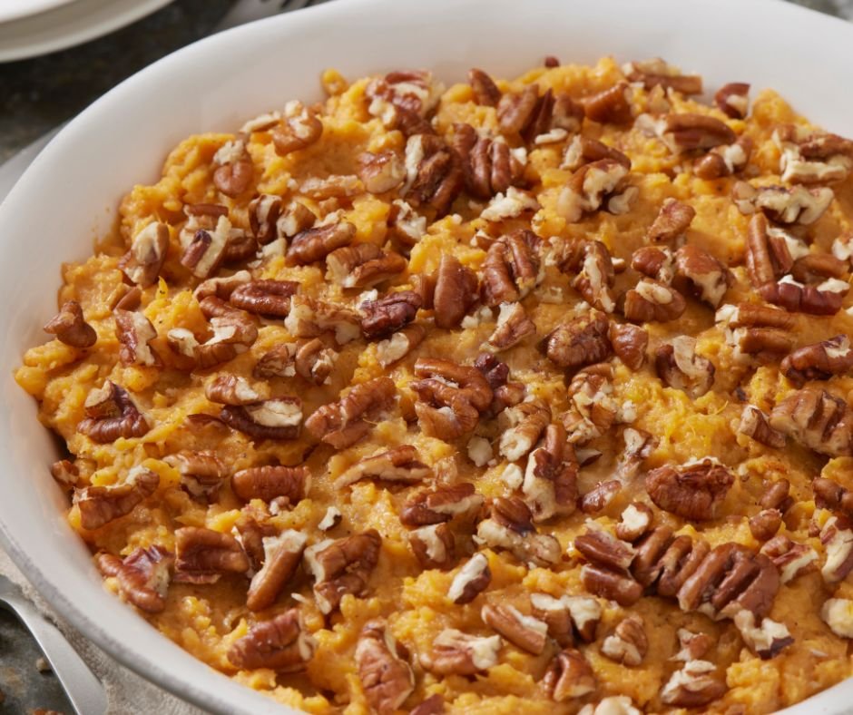 Sweet Potato Casserole with Candied Pecans