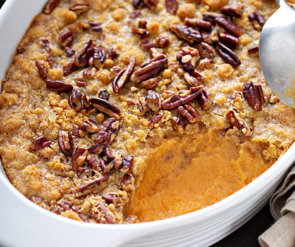 Sweet Potato Casserole with Candied Pecans